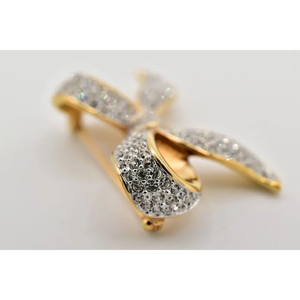 Swarovski Vintage Crystal Bow Pin Brooch Gold Pave Rhinestone Swan Signed BinBG